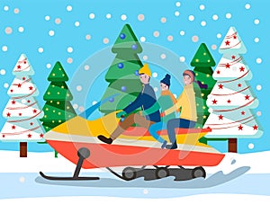 Family Traveling on Sleigh Car in Forest Vector