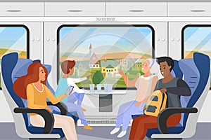 Family traveling in train compartment, passengers sitting on seats, looking out window