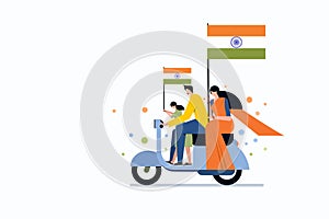 A family, travelling in a scooter, holding the Indian flag