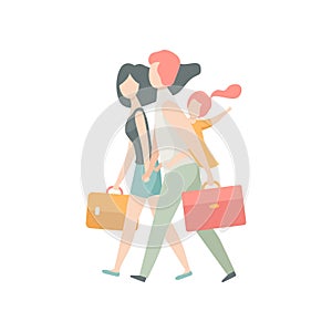 Family Travelling Together, Father, Mother and Daughter Walking with Suitcases Vector Illustration