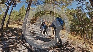 Family travels. People environment by mountains, rivers, streams. Parents and kids walk using trekking poles. Man and