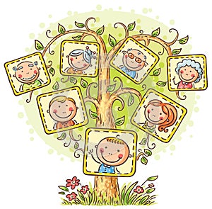 Family tree in pictures, little child with his parents and grandparents
