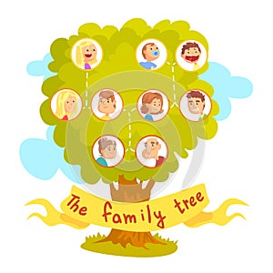 Family tree with portraits of relatives, genealogical tree vector Illustration