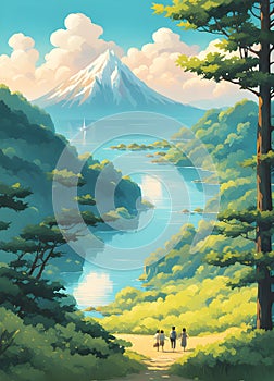 Family trip in the beautiful landscape, anime illustration