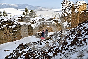 Tourist watching on old historical walls and historic castle in the countryside Zborov Slovakia