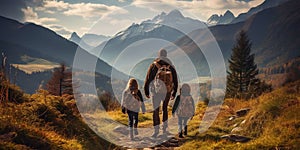 Family trip. Dad, son with daughter hiking in the forest and mountains. Generative AI