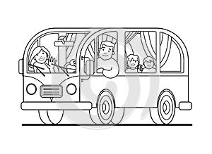 A family trip on a minivan; father drives, mother, children; camping. Happy cartoon people kids in a retro minivan. Road trip,