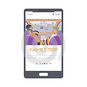 Family trip onboarding page with people in car, vector illustration isolated.