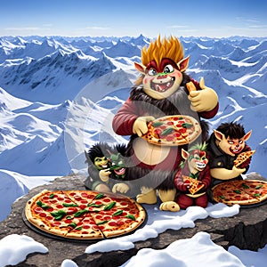 A family Of Trolls Eating Pizza On A Mountain