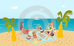 Family at tropical beach picnic near sea enjoying holiday vacation together on sand, palms and seascape flat vector