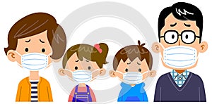 Family with troubled face wearing mask