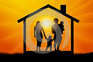 Family with two children in the house at sunset, silhouette vector.