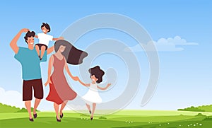 Family with two children walking in the park, banner with copy space for text. Happy mom and dad are walking with their