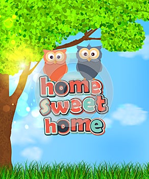Family of two cute owls with text sweet home