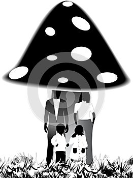 Family under mushroom