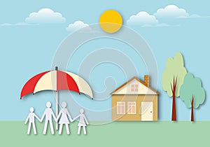 Family under an red umbrella with house on pastel background. Concept for security and protection.