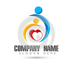 Family union, heart shaped happy love family care logo on white background.