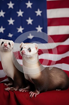 A family of US patriotic ferrets sitting on top of american flag. AI generative image.