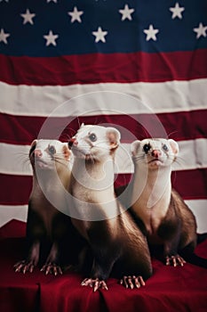 A family of US patriotic ferrets sitting on top of american flag. AI generative image.