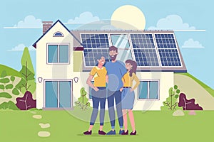 A family uses a renewable energy system, standing near the house with solar panels, Alternative energy