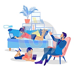 Family Using Modern Gadgets Flat Illustration