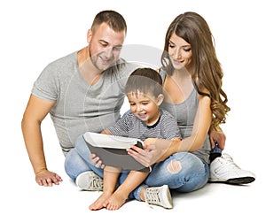 Family using Tablet, Happy Parents with Child sitting over White