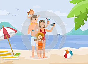 Family Vacation on Beach. Vector Illustration.