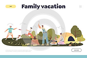 Family vacation concept of landing page with parents and kids camping having picnic in forest