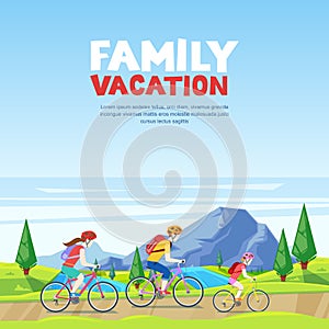 Family vacation, cycling and outdoors activity. Mom, dad and daughter riding bicycles. Vector cartoon style illustration