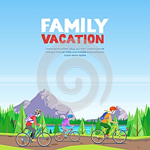 Family vacation, cycling, outdoors sports activity. Mom, dad and son riding bicycles. Vector cartoon style illustration.