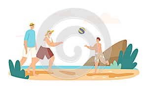 Family Vacation. Grandparents and Grandson Playing Beach Volleyball on Sea Shore. Happy Characters Summer Recreation