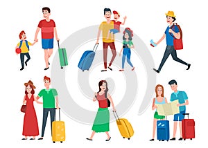 Family vacation. Happy tourist holiday vacations, travel couple and tourists group cartoon vector set photo