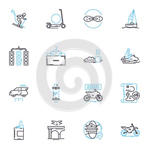 Family vacation linear icons set. Adventure, Beach, Camping, Cruise, Relaxation, Theme parks, Road trip line vector and