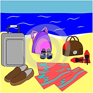 Family vacation poster. Air tickets, luggage and shoes on beach. Summer holiday together