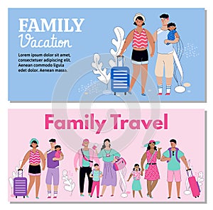 Family vacation travel banner template set with cartoon tourist people