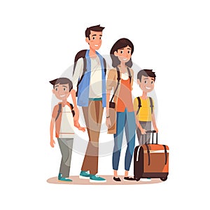 Family vacation travel, happy parents two children ready holiday trip. Smiling cartoon characters