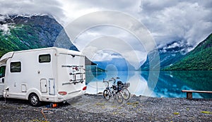 Family vacation travel RV, holiday trip in motorhome