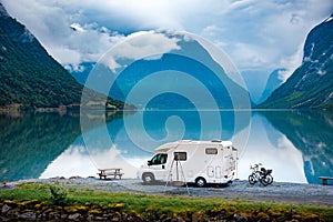 Family vacation travel RV, holiday trip in motorhome