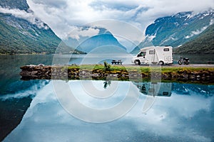 Family vacation travel RV, holiday trip in motorhome