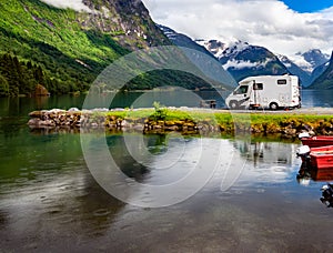 Family vacation travel RV, holiday trip in motorhome