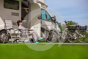 Family vacation travel RV, holiday trip in motorhome