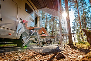 Family vacation travel RV, holiday trip in motorhome photo