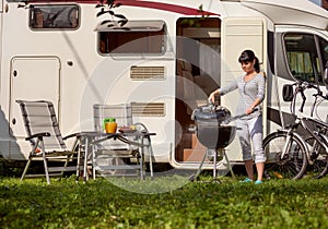 Family vacation travel RV, holiday trip in motorhome, Caravan car Vacation