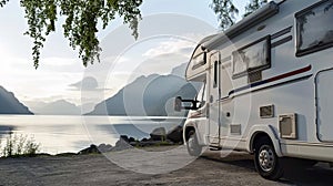 Family vacation travel RV, holiday trip in motorhome, Caravan car Vacation. Ai Generative