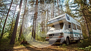 Family vacation travel RV, holiday trip in motorhome, Caravan car Vacation. Ai Generative