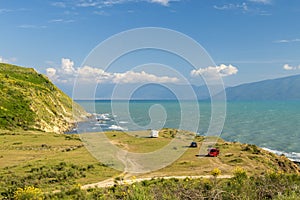 Family vacation travel RV, holiday trip in motorhome, Caravan car Vacation. Beautiful Nature Albania natural landscape.