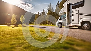 Family vacation travel RV, holiday trip in motorhome, Caravan car Vacation. Generative AI