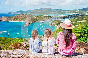 Family vacation. View of English Harbor from Shirley Heights, Antigua, paradise bay at tropical island in the Caribbean