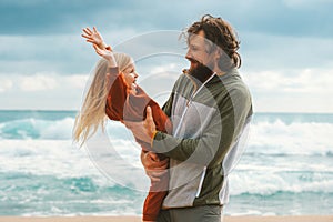 Family vacations father and daughter playing together outdoor child with daddy walking on the beach