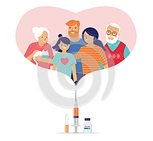 Family Vaccination concept design. Time to vaccinate banner. Doctor or nurse, scientist giving patient vaccine, COVID-19